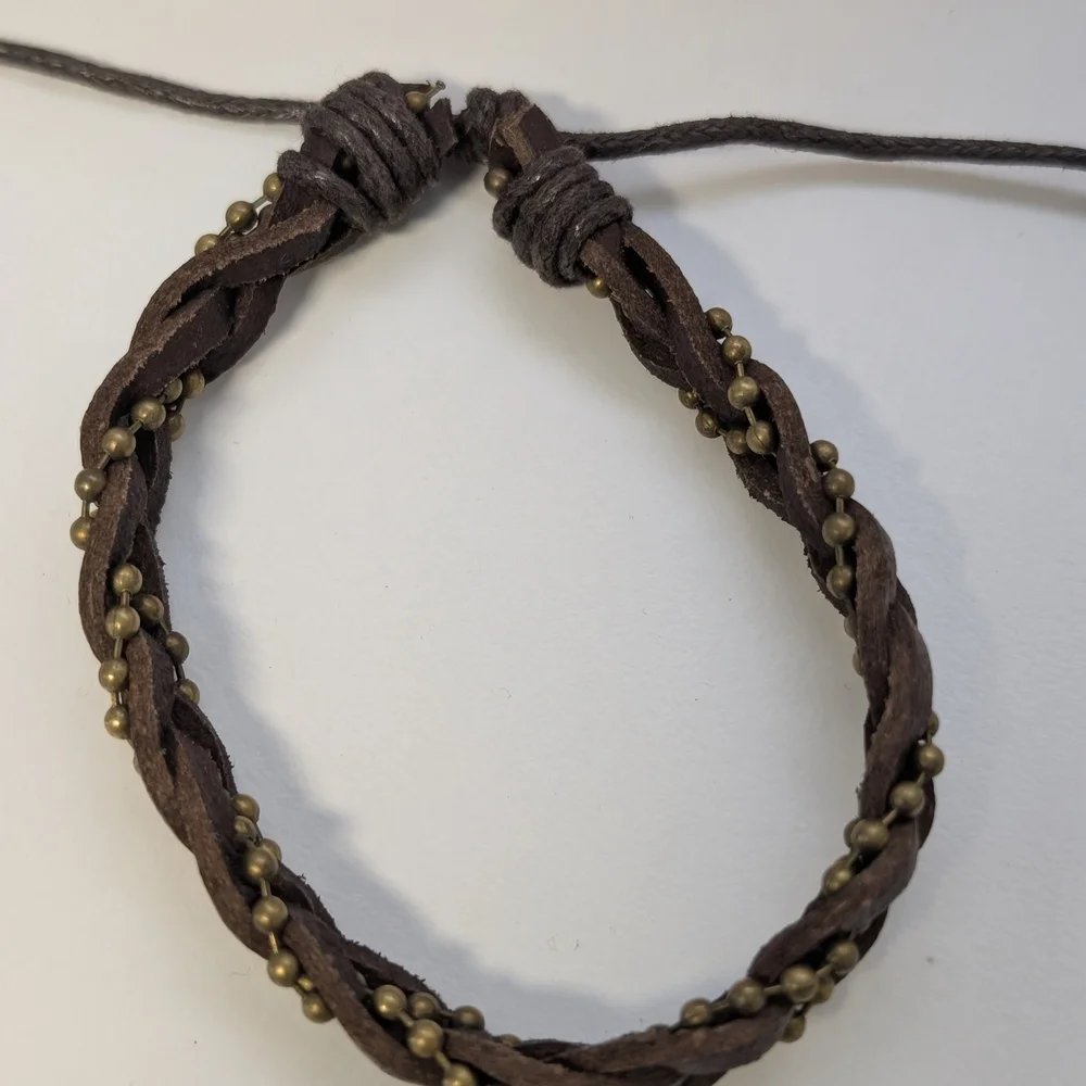 Braided Leather Bracelet with Brass Accents